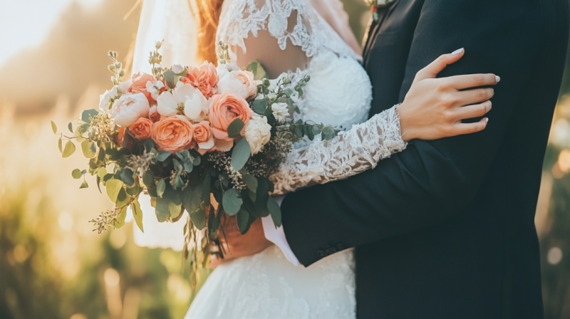 A Couple Embraces, with The Bride Holding a Beautiful Bouquet of Roses