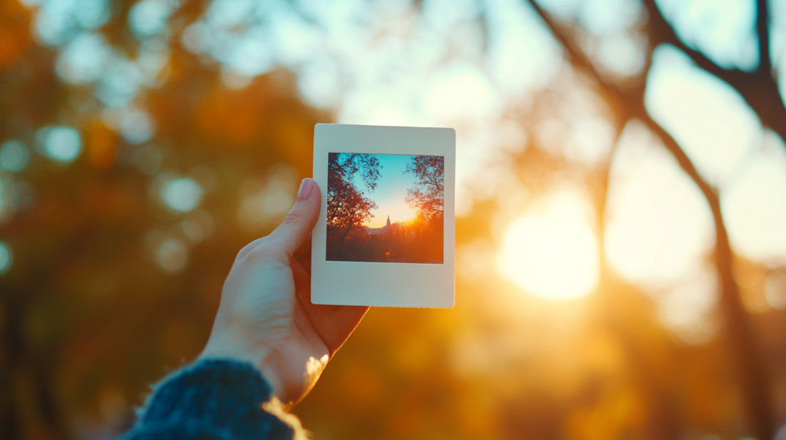 A Person Holding a Polaroid Photo in The Sunlight